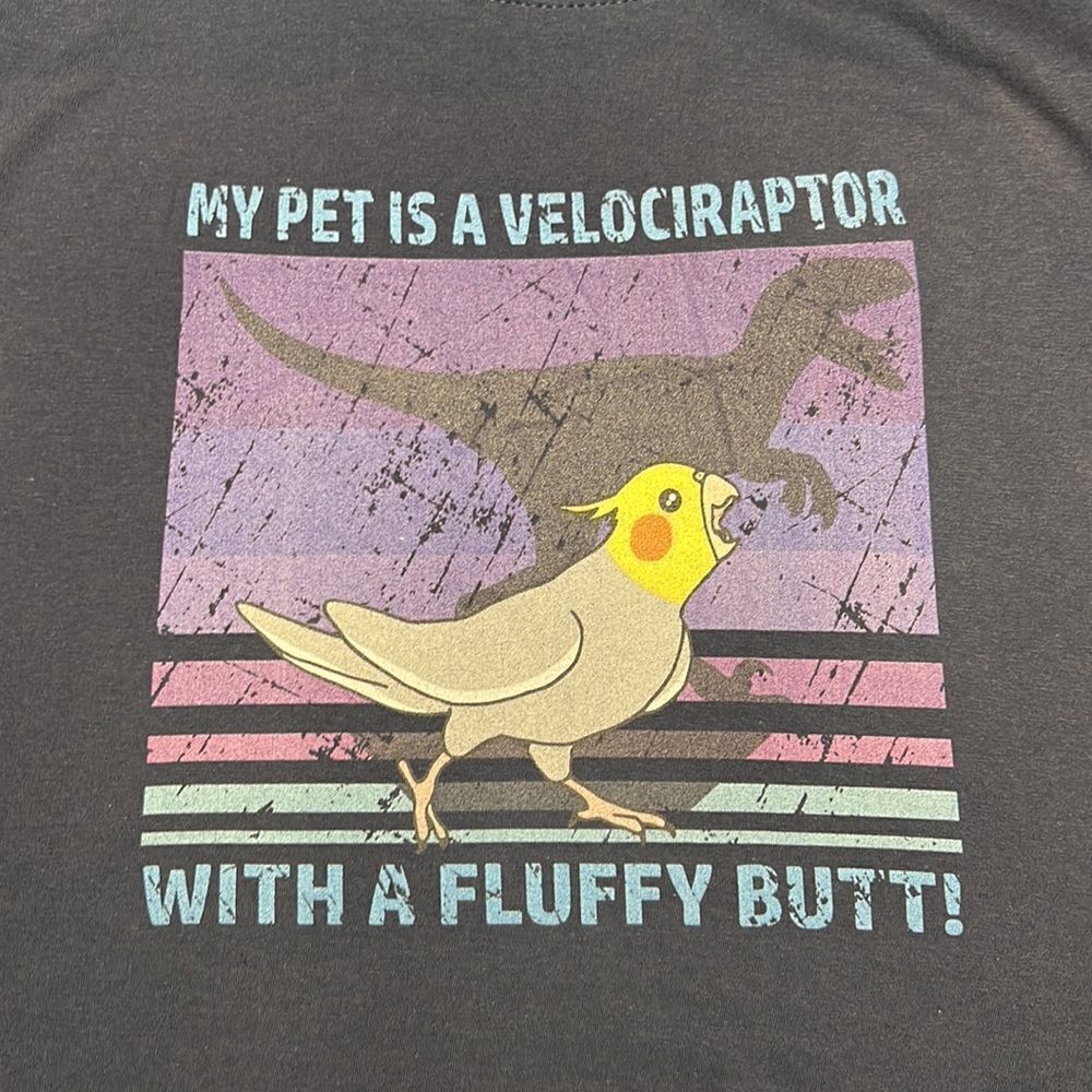 My Pet is a Velociraptor with a Fluffy Butt Blue Graphic Tee Size Small